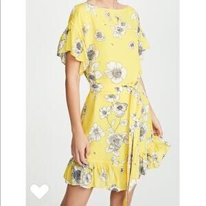 Alice + Olivia Ellamae Mini Dress Yellow Floral Flutter Sleeve Ruffle Hem SZ M